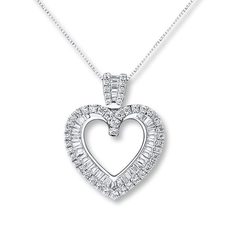 Main Image 1 of Previously Owned Diamond Heart Necklace 3/4 ct tw Round/Baguette 14K White Gold