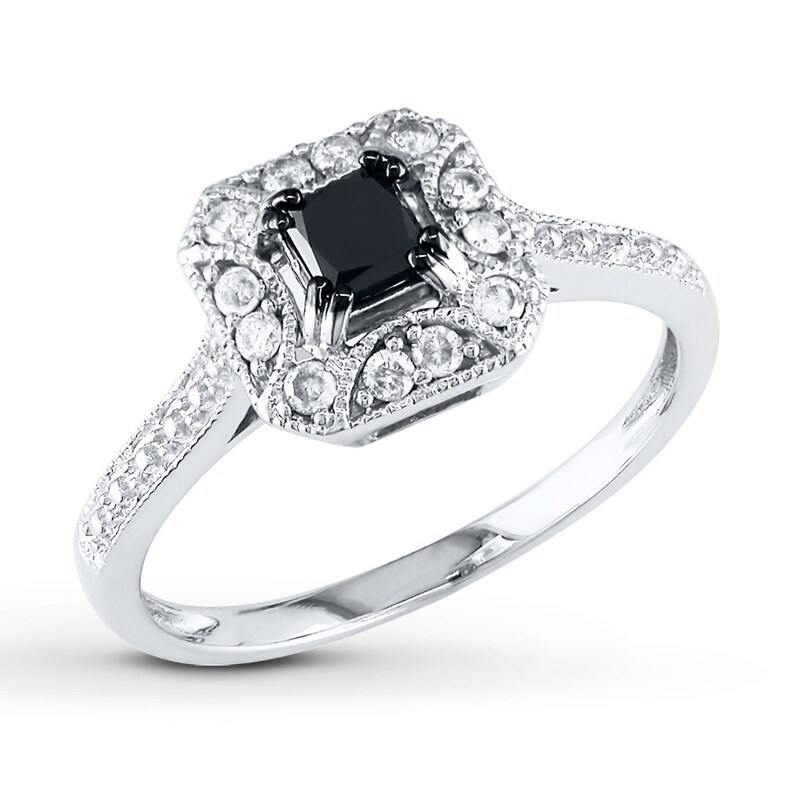 Main Image 1 of Previously Owned Black/White Diamond Ring 5/8 ct tw Princess-cut 10K White Gold