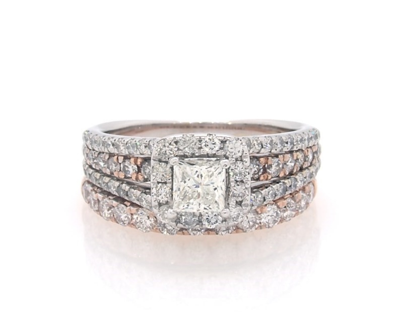 Main Image 1 of Previously Owned Princess-Cut Diamond Halo Bridal Set 1-5/8 ct tw 14K Two-Tone Gold Size 5.75