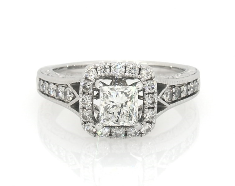 Main Image 1 of Previously Owned Princess & Round-Cut Diamond Engagement Ring 1-1/5 ct tw 14K White Gold