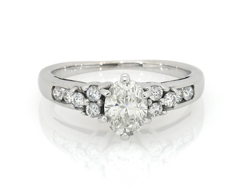 Main Image 1 of Previously Owned Oval & Round-Cut Diamond Engagement Ring 7/8 ct tw 14K White Gold