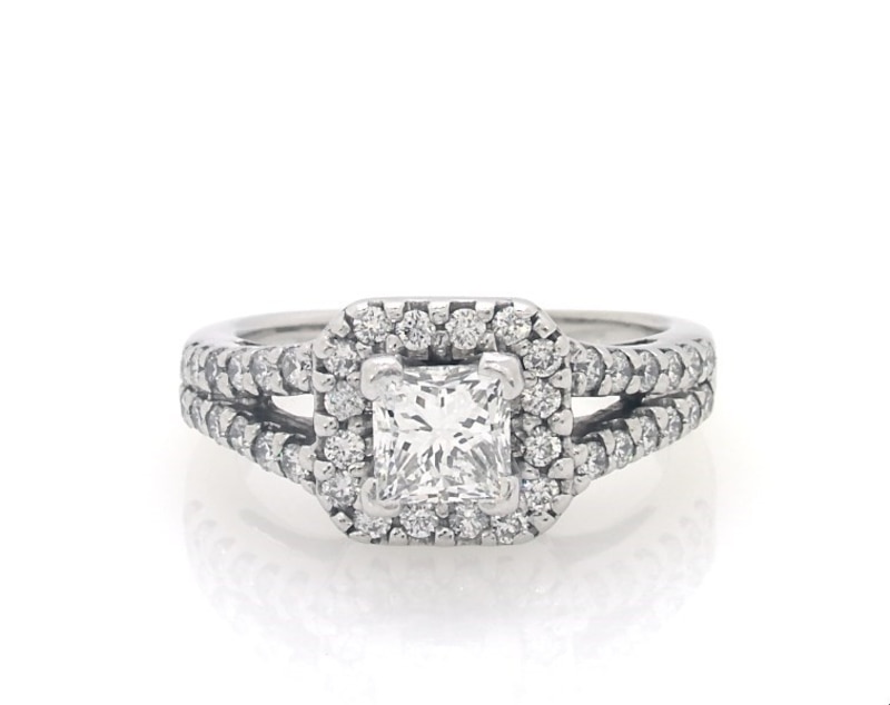 Main Image 1 of Previously Owned Princess & Round-Cut Diamond Engagement Ring 1-1/5 ct tw 14K White Gold