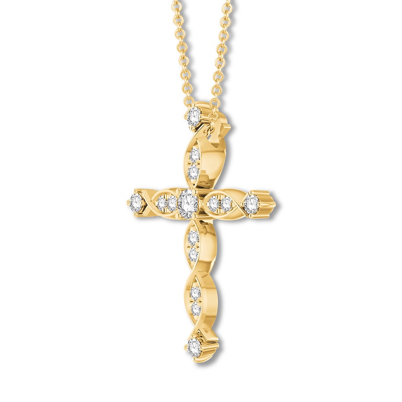 Main Image 3 of Previously Owned Diamond Cross Necklace 1/2 carat tw Round 10K Yellow Gold
