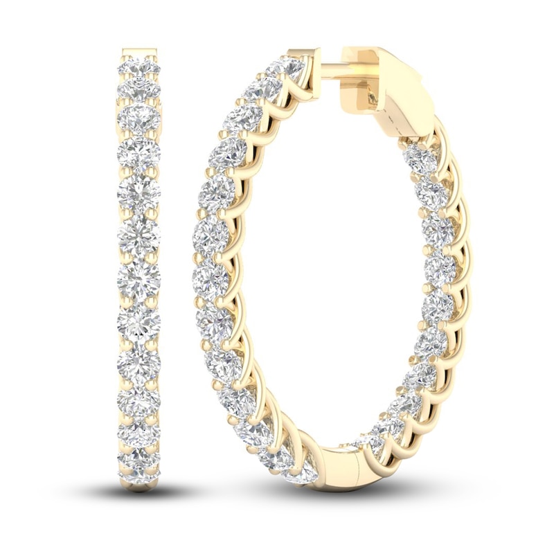 Main Image 1 of Previously Owned Lab-Grown Diamond Hoop Earrings 3 ct tw Round 14K Yellow Gold