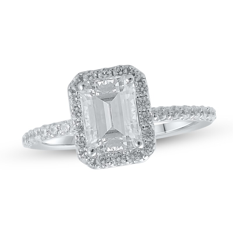 Main Image 1 of Previously Owned Lab-Grown Diamond Engagement Ring 2 ct tw Emerald/Round 14K White Gold