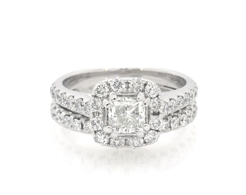 Main Image 1 of Previously Owned Princess-Cut Diamond Halo Bridal Set 1-7/8 ct tw 14K White Gold Size 5