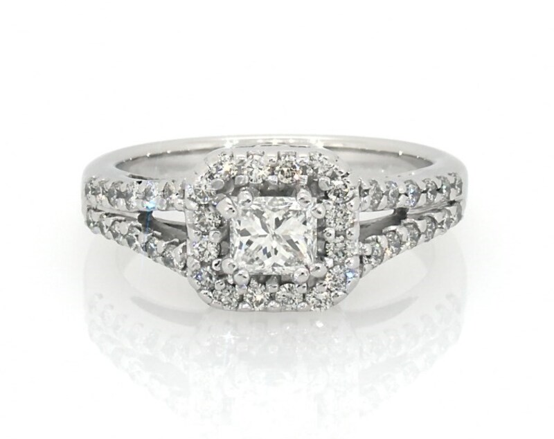 Main Image 1 of Previously Owned Princess & Round-Cut Diamond Engagement Ring 1 ct tw 14K White Gold