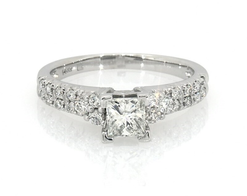 Main Image 1 of Previously Owned Princess & Round-Cut Diamond Engagement Ring 1 ct tw 14K White Gold