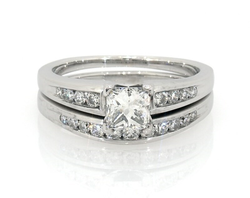 Main Image 1 of Previously Owned Princess & Round-Cut Diamond Bridal Set 1 ct tw 14K White Gold