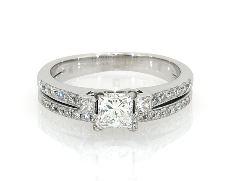 Main Image 1 of Previously Owned Princess & Round-Cut Diamond Bridal Set 3/4 ct tw 14K White Gold