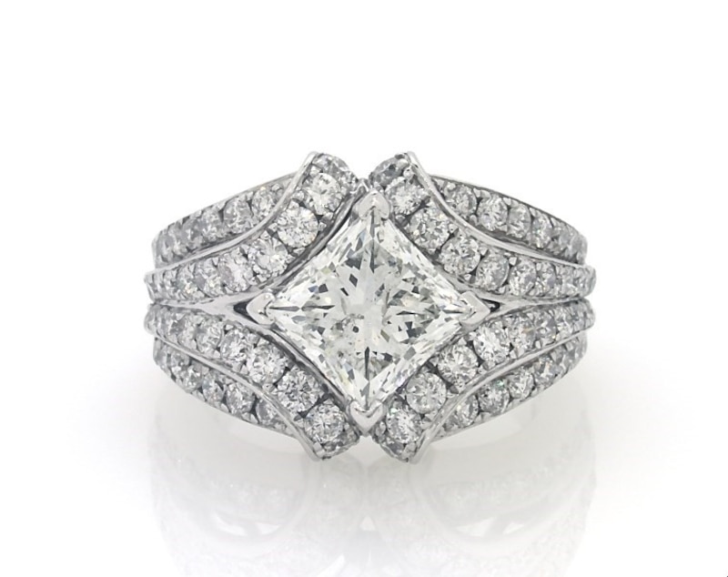 Main Image 1 of Previously Owned Princess & Round-Cut Diamond Engagment Ring 2-7/8 ct tw 14K White Gold