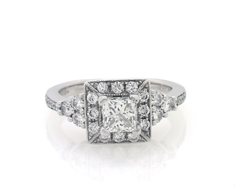 Main Image 1 of Previously Owned Princess & Round-Cut Diamond Engagement Ring 1-1/2 ct tw 14K White Gold