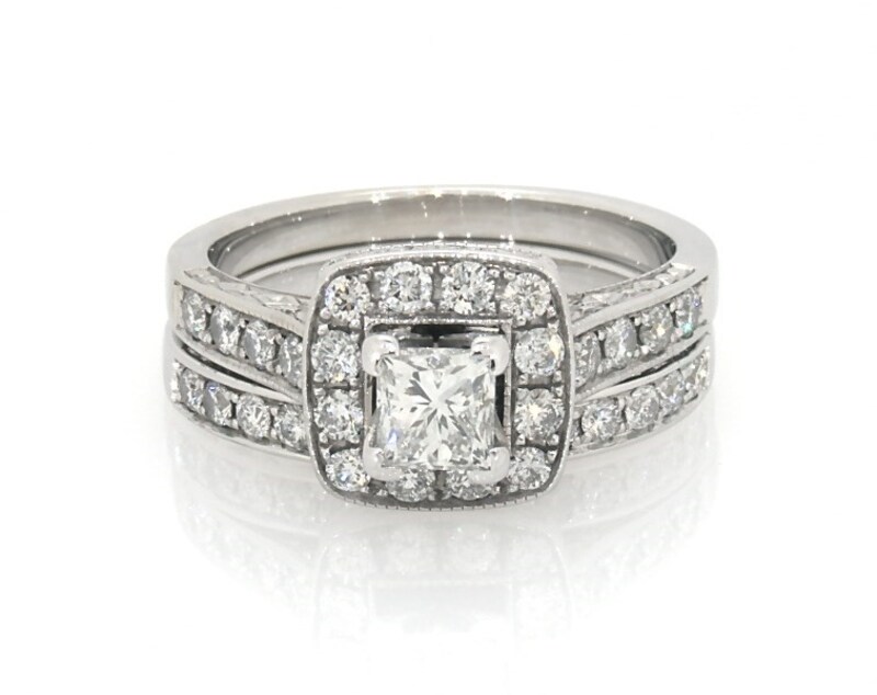 Main Image 1 of Previously Owned Princess & Round-Cut Diamond Bridal Set 1-1/2 ct tw 14K White Gold