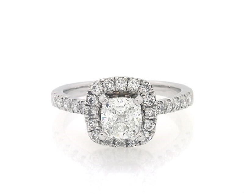 Main Image 1 of Previously Owned Cushion and Round-Cut Diamond Engagement Ring 1-5/8 ct tw 14K White Gold