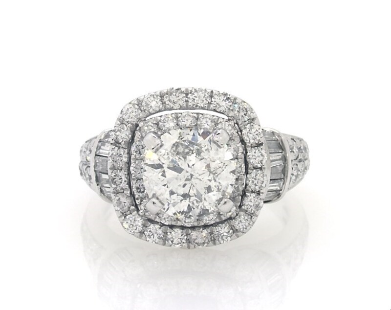 Main Image 1 of Previously Owned Round & Baguette-Cut Diamond Engagement Ring 3-1/2 ct tw 14K White Gold
