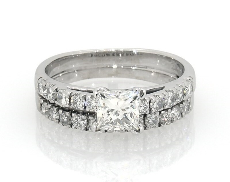 Main Image 1 of Previously Owned Princess & Round-Cut Diamond Bridal Set 1-1/2 ct tw 14K White Gold