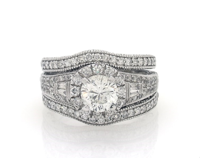 Main Image 1 of Previously Owned Round & Baguette-Cut Diamond Bridal Set 2-1/8 ct tw 14K White Gold