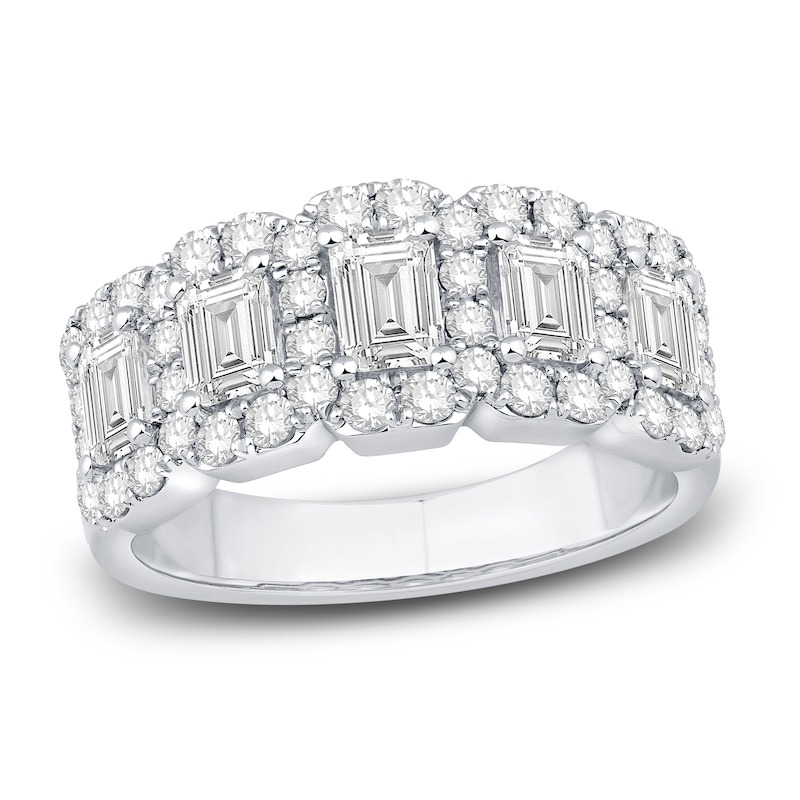 Main Image 1 of Previously Owned Diamond Anniversary Ring 2 ct tw Emerald/Round 14K White Gold