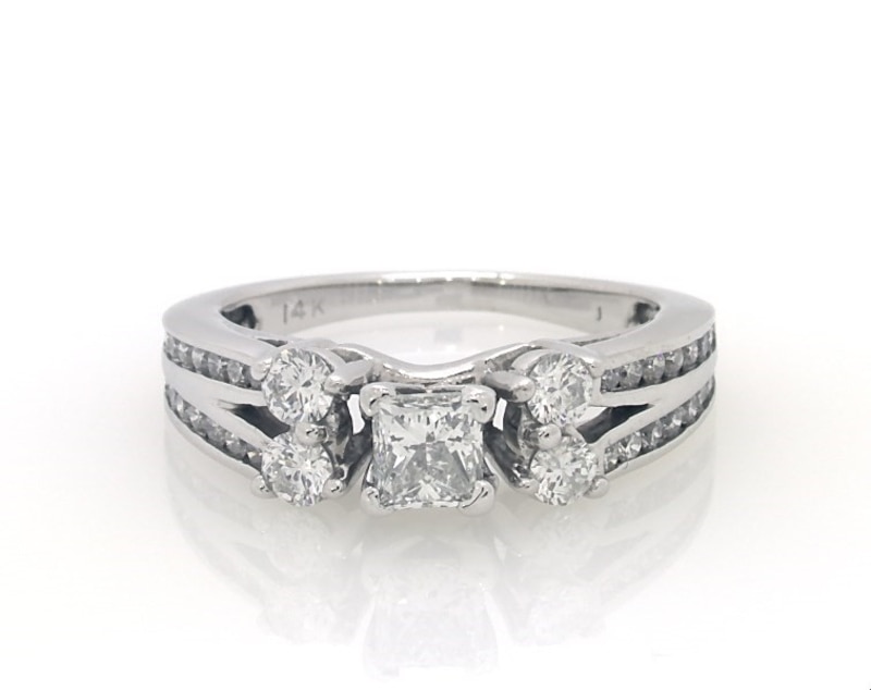 Main Image 1 of Previously Owned Princess & Round-Cut Diamond Engagement Ring 1 ct tw 14K White Gold