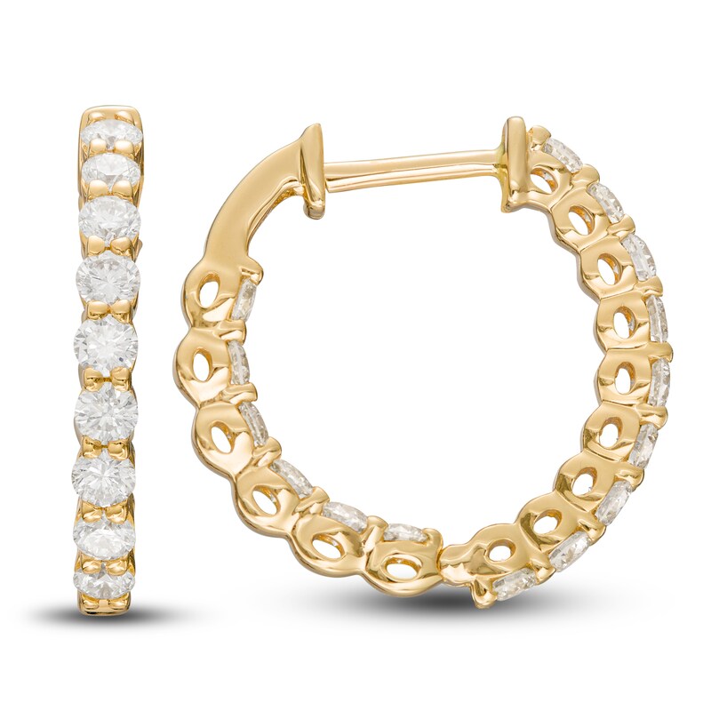 Main Image 3 of Previously Owned Lab-Created Diamond Hoop Earrings 1 ct tw Round 14K Yellow Gold
