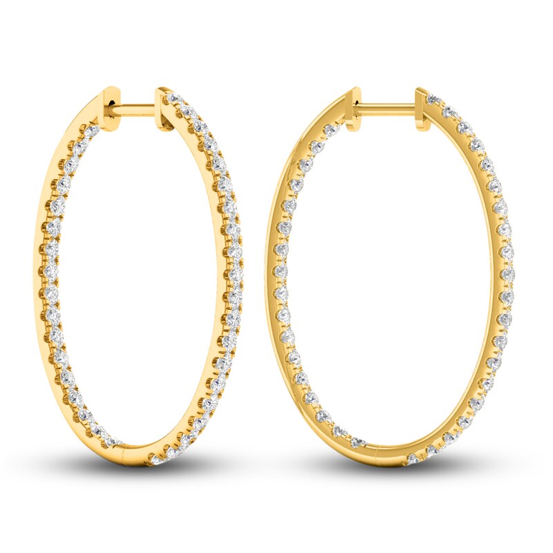 Main Image 2 of Previously Owned Lab-Grown Diamond Hoop Earrings 2 ct tw Round 14K Yellow Gold