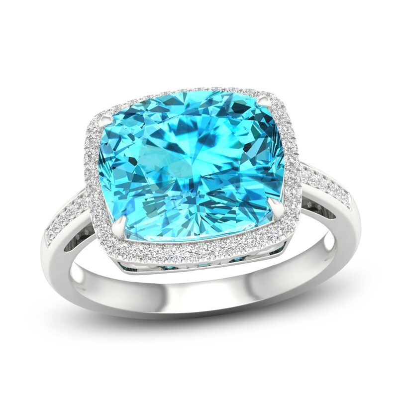 Main Image 1 of Previously Owned Natural Swiss Blue Topaz Ring 1/6 ct tw Diamonds 10K White Gold