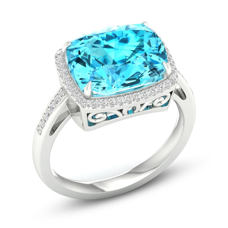 Main Image 2 of Previously Owned Natural Swiss Blue Topaz Ring 1/6 ct tw Diamonds 10K White Gold
