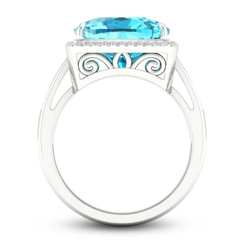 Main Image 4 of Previously Owned Natural Swiss Blue Topaz Ring 1/6 ct tw Diamonds 10K White Gold
