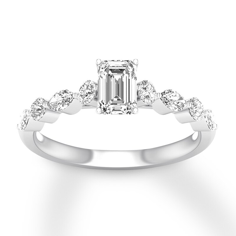 Main Image 1 of Previously Owned Diamond Engagement Ring 7/8 ct tw Emerald/Round/Marquise 14K White Gold