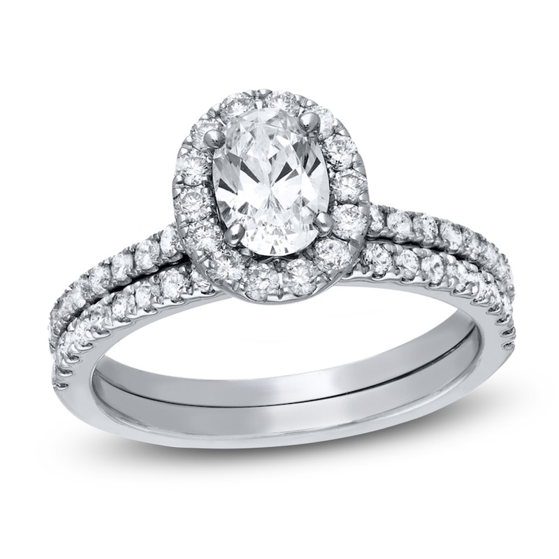Main Image 1 of Previously Owned Oval-Cut Diamond Halo Bridal Set 1-3/4 ct tw 14K White Gold Size 4.5