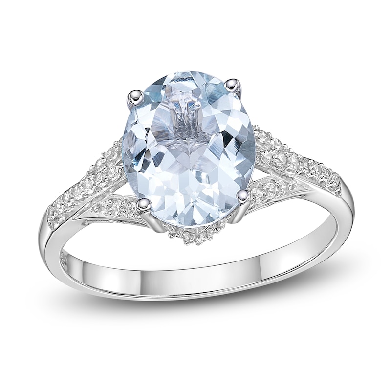 Main Image 1 of Previously Owned Natural Aquamarine Oval Ring 1/6 ct tw Diamonds 10K White Gold