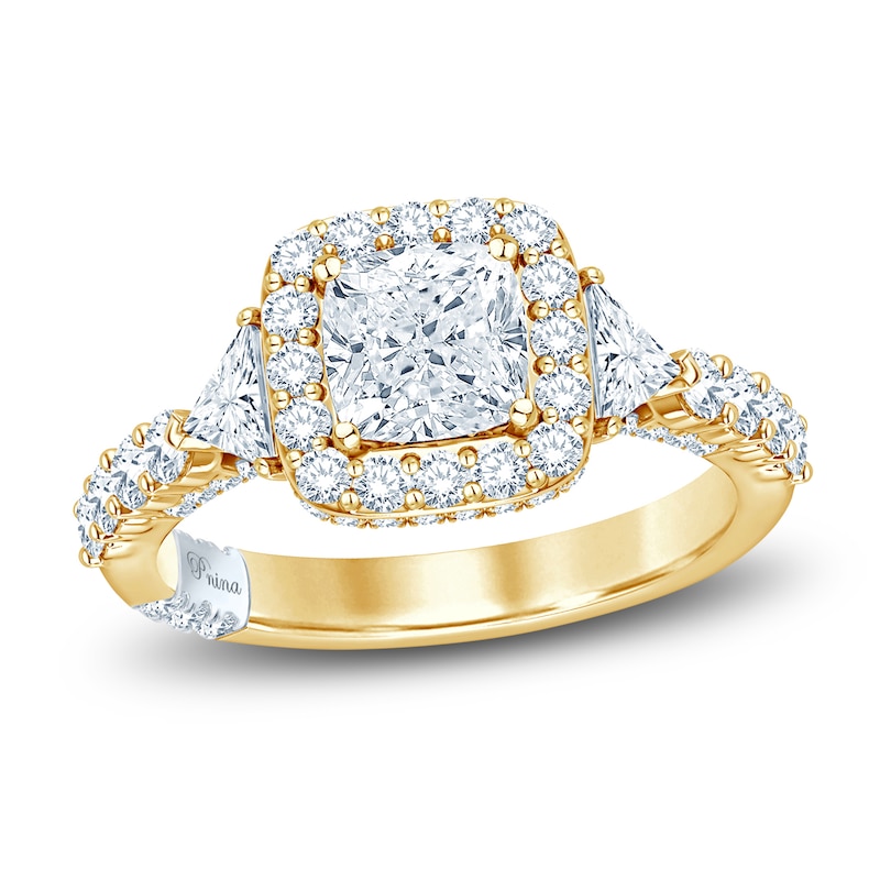 Main Image 1 of Previously Owned Pnina Tornai Lab-Grown Diamond Engagement Ring 2-7/8 ct tw Cushion/Round/ Trillion 14K Yellow Gold
