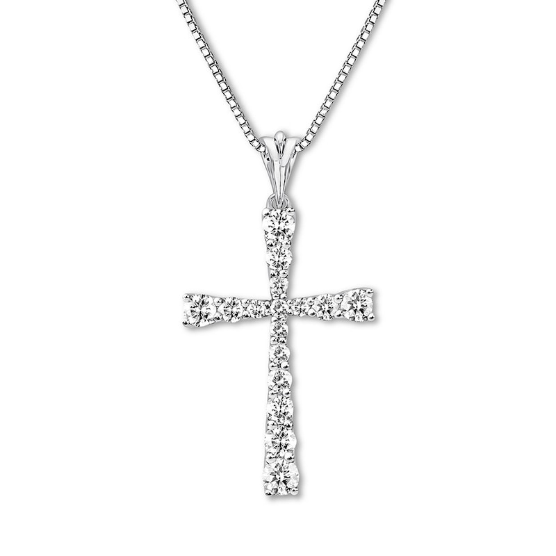 Main Image 1 of Previously Owned Diamond Cross Necklace 1 ct tw Round 14K White Gold 18"