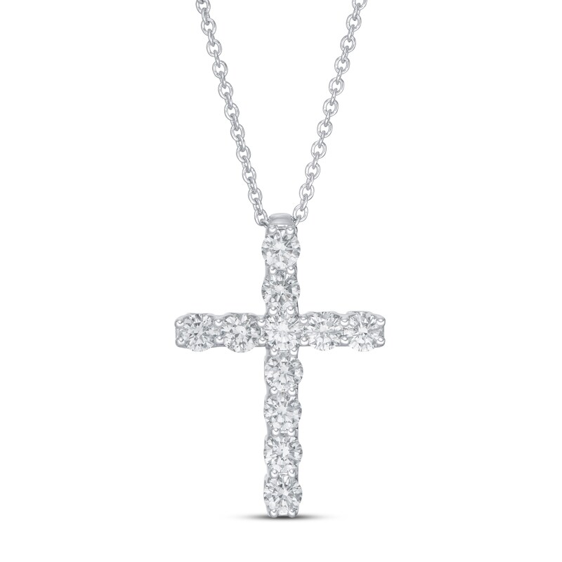 Main Image 1 of Previously Owned Lab-Grown Diamond Cross Necklace 1 ct tw Round 14K White Gold