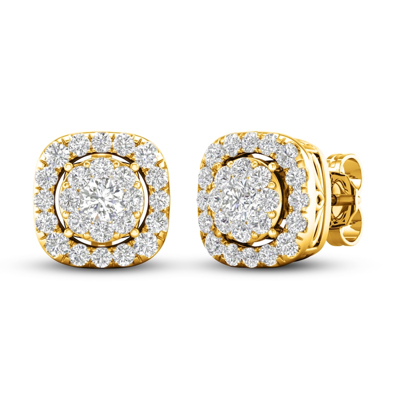 Main Image 1 of Previously Owned Lab-Grown Diamond Halo Earrings 1 ct tw Round 14K Yellow Gold