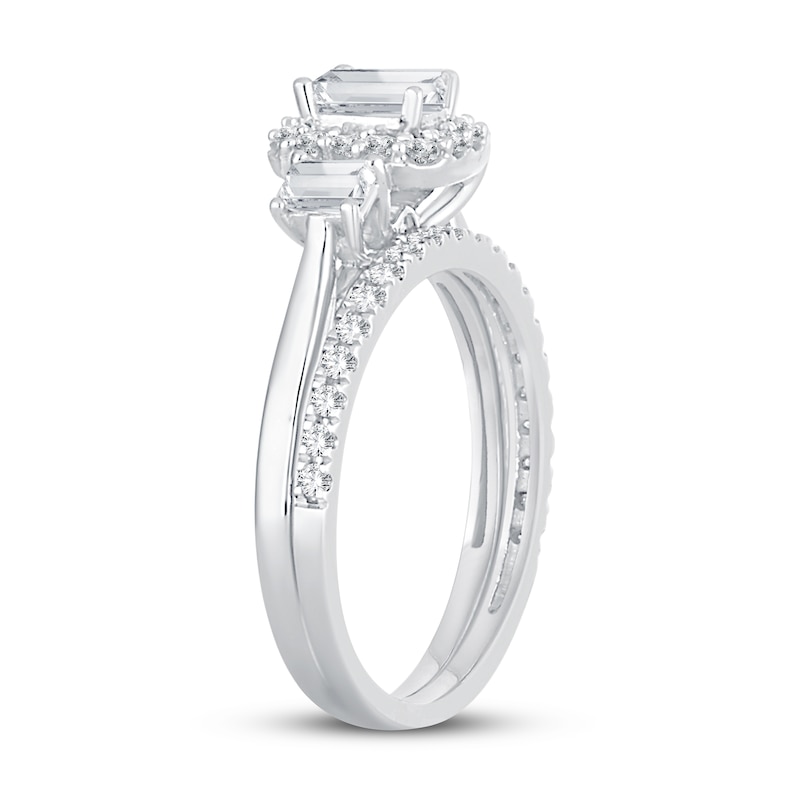 Main Image 2 of Previously Owned Diamond Bridal Set 1-1/5 ct tw Emerald/Round-cut 14K White Gold