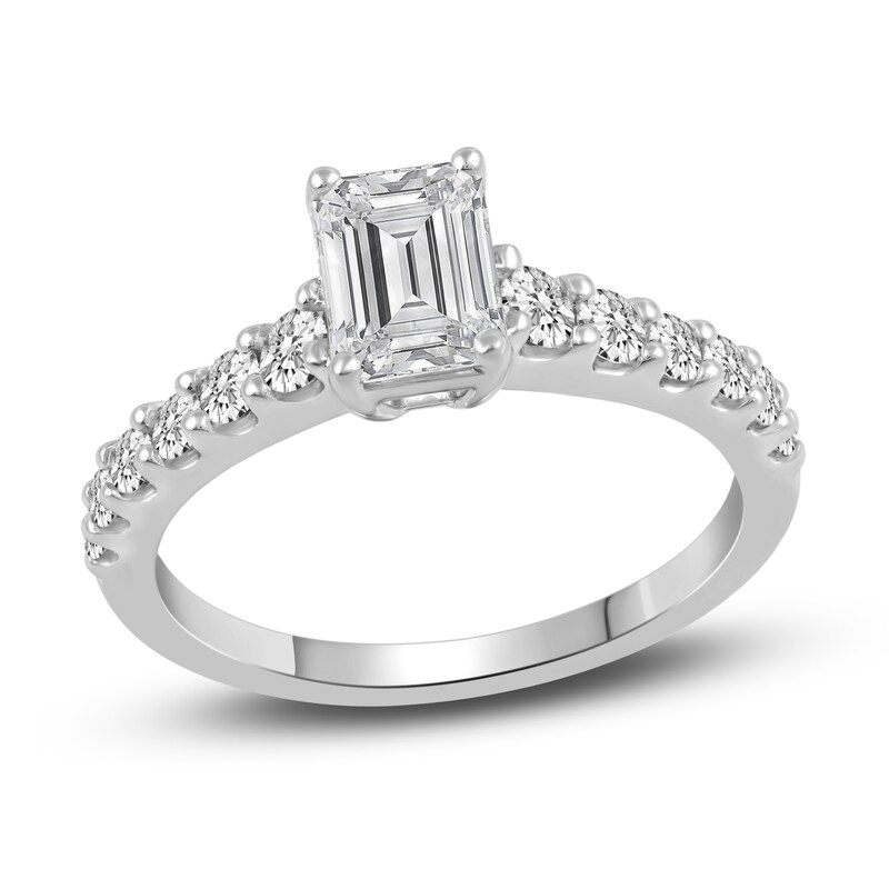 Main Image 1 of Previously Owned Diamond Engagement Ring 1-1/2 ct tw Emerald/Round Platinum