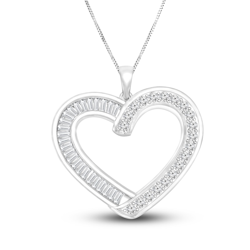 Main Image 1 of Previously Owned Diamond Heart Pendant Necklace 1/2 ct tw Round/Baguette 14K White Gold 18"