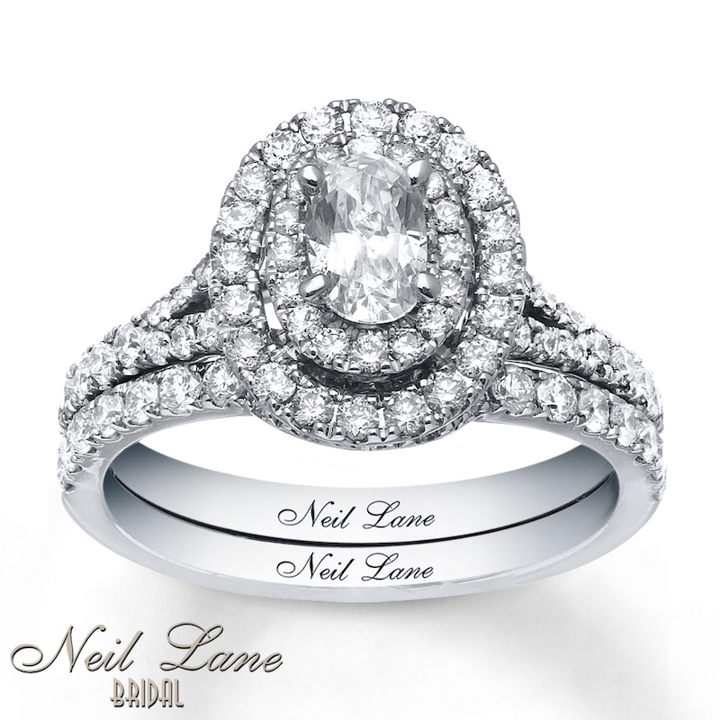 Main Image 1 of Previously Owned Neil Lane Oval-Cut Diamond Double Halo Bridal Set 1-1/2 ct tw 14K White Gold Size 4.5