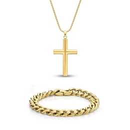 Men's Solid Cross Chain Necklace/Bracelet Set Gold Ion-Plated Stainless Steel