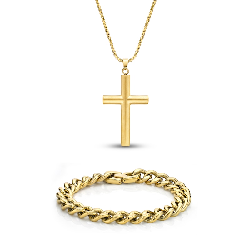 Main Image 1 of Men's Solid Cross Chain Necklace/Bracelet Set Gold Ion-Plated Stainless Steel