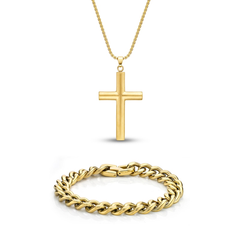 Men's Solid Cross Chain Necklace/Bracelet Set Gold Ion-Plated