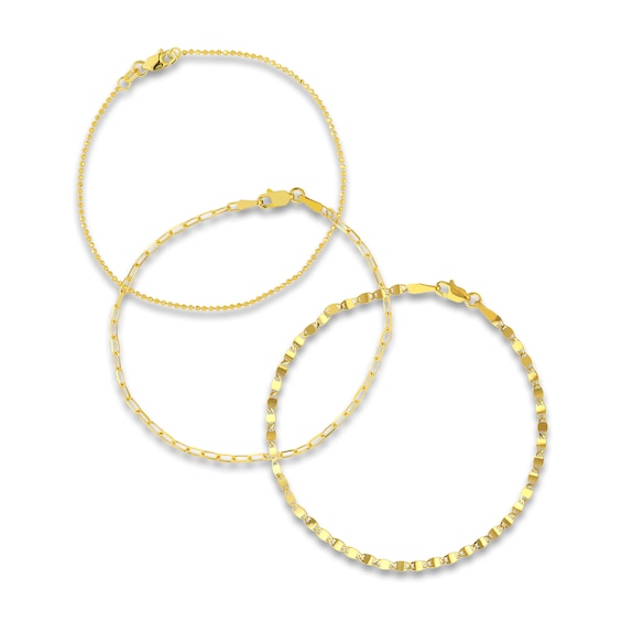 Solid Bead, Paperclip & Mirror Chain Bracelet Set 14K Yellow Gold 7.25"