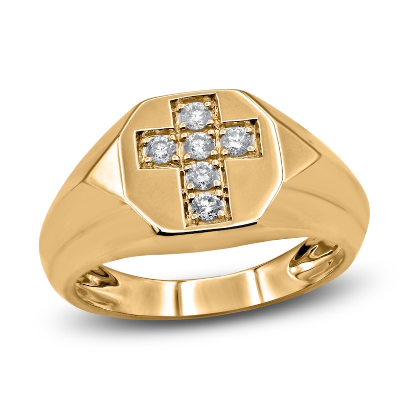 Main Image 1 of Men's Diamond Cross Ring 1/4 ct tw Round 14K Yellow Gold