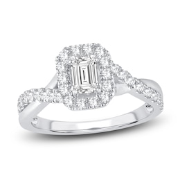Emerald & Round-Cut Diamond Double Halo Engagement Ring 1 ct tw 14K White Gold
