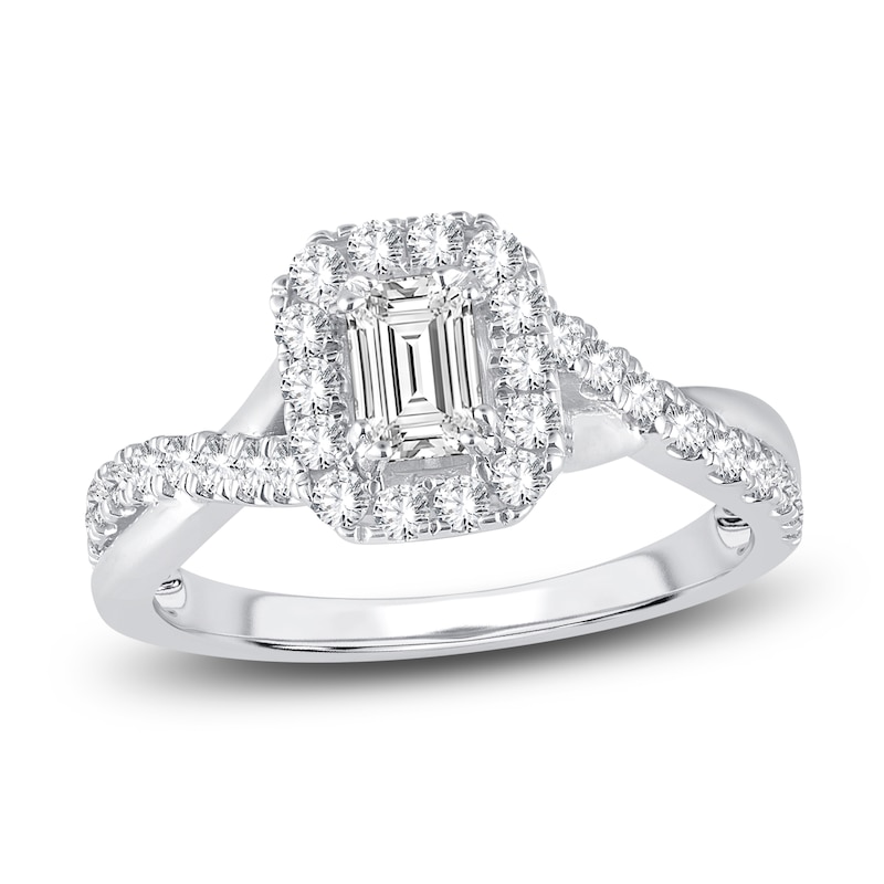 Main Image 1 of Emerald & Round-Cut Diamond Double Halo Engagement Ring 1 ct tw 14K White Gold