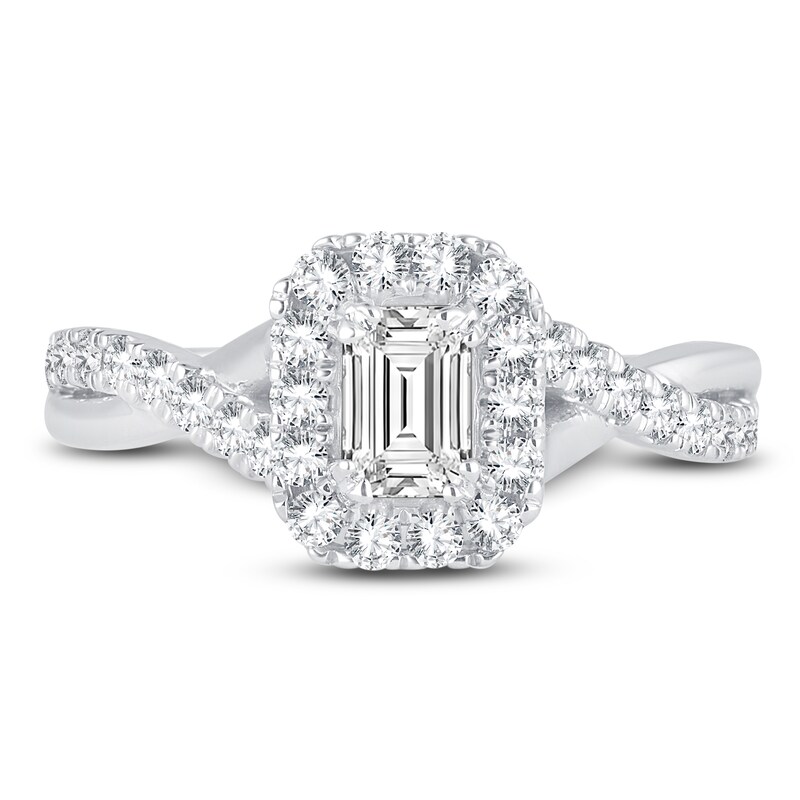 Main Image 3 of Emerald & Round-Cut Diamond Double Halo Engagement Ring 1 ct tw 14K White Gold