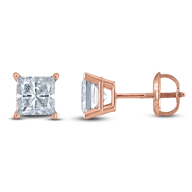 Main Image 1 of Princess-Cut Lab-Created Diamond Solitaire Stud Earrings 5 ct tw 14K Rose Gold (F/SI2)