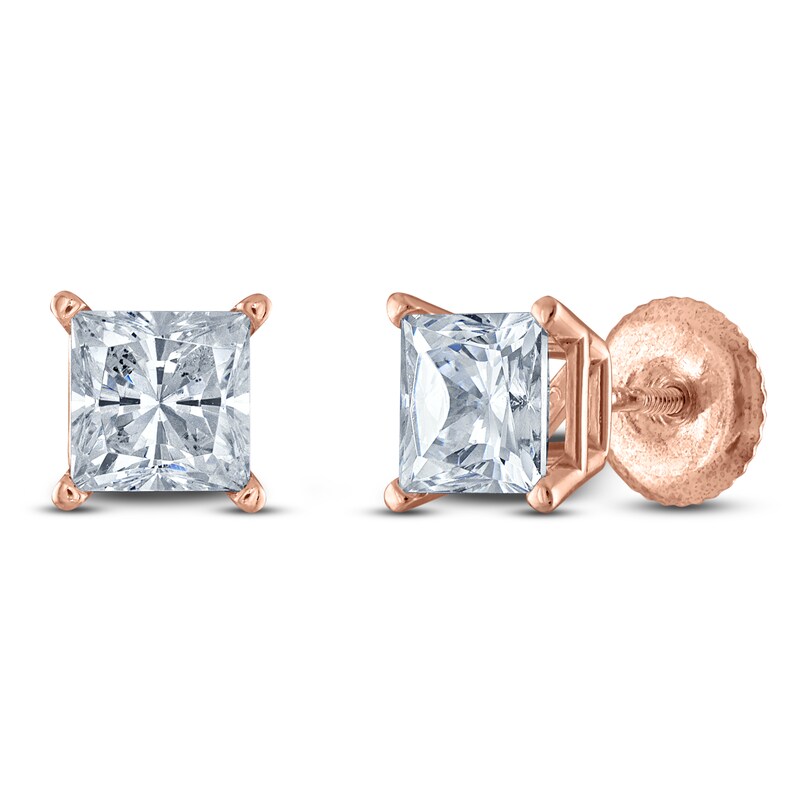 Main Image 2 of Princess-Cut Lab-Created Diamond Solitaire Stud Earrings 5 ct tw 14K Rose Gold (F/SI2)