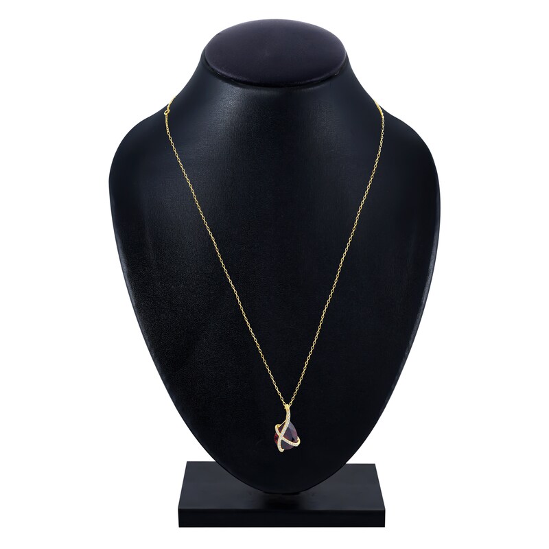 Main Image 3 of Pear-Shaped Natural Garnet & Diamond Crossover Necklace 1/15 ct tw 14K Yellow Gold